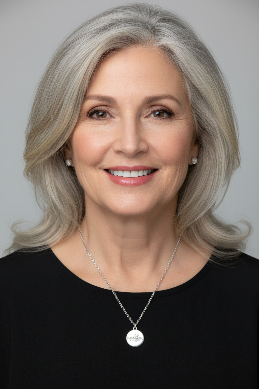 Mature model wearing Grandma necklace