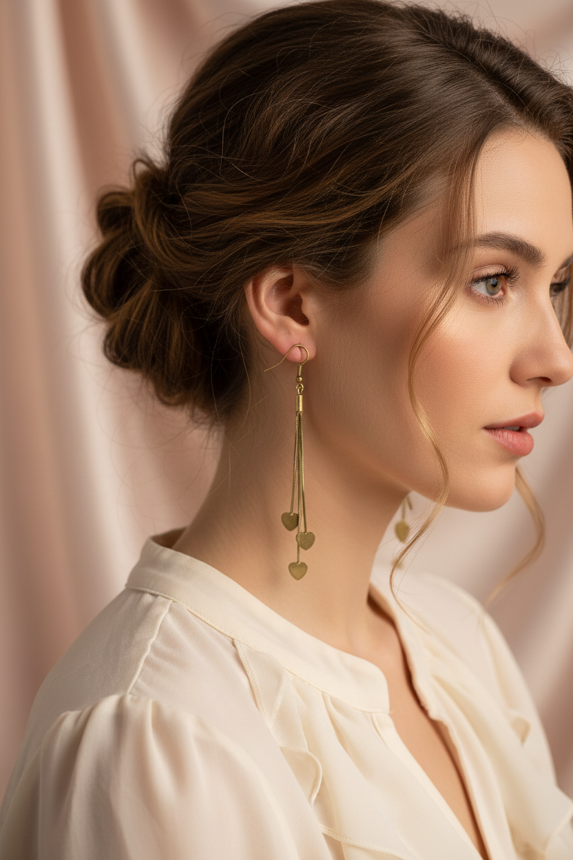 Woman wearing brass fringe earrings with accurate details