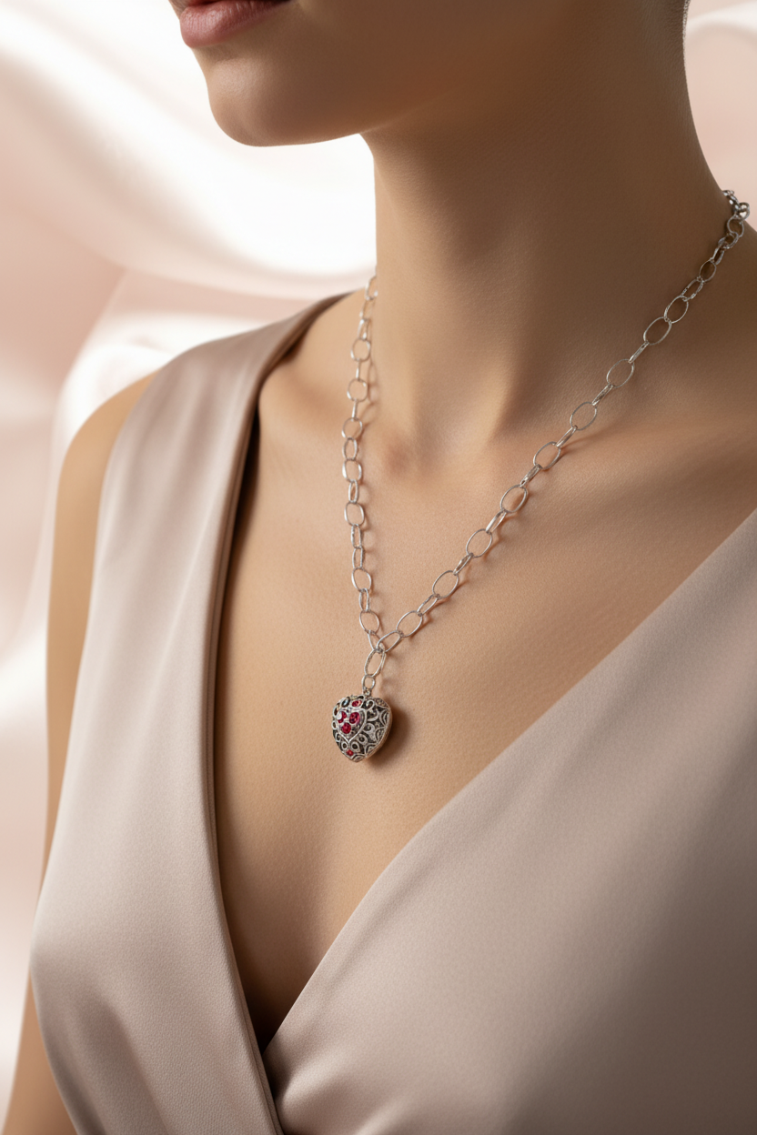 Woman Wearing Heart Locket Necklace