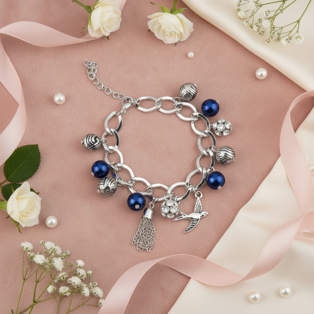 Bluebird Charm Flat Lay - Navy Blue Pearls