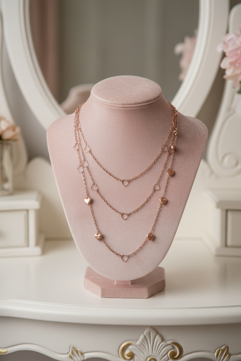 Copper Layered Hearts Necklace on Blush Velvet Bust