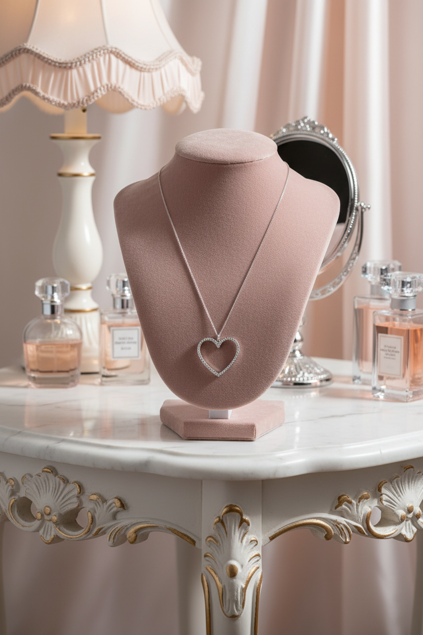 Crystal Heart Necklace on Blush Velvet Bust