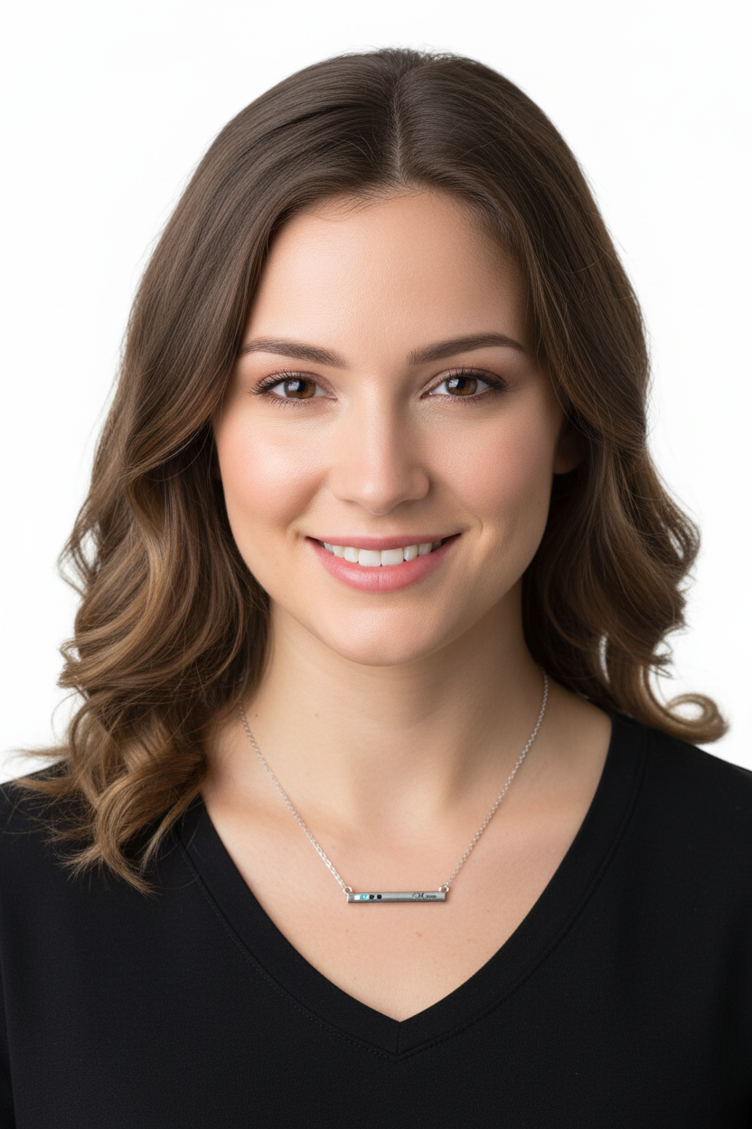 Different model wearing Mom bar necklace