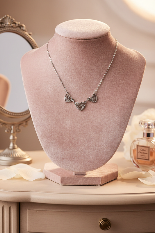 Flat Filigree Hearts Necklace on Blush Velvet Bust