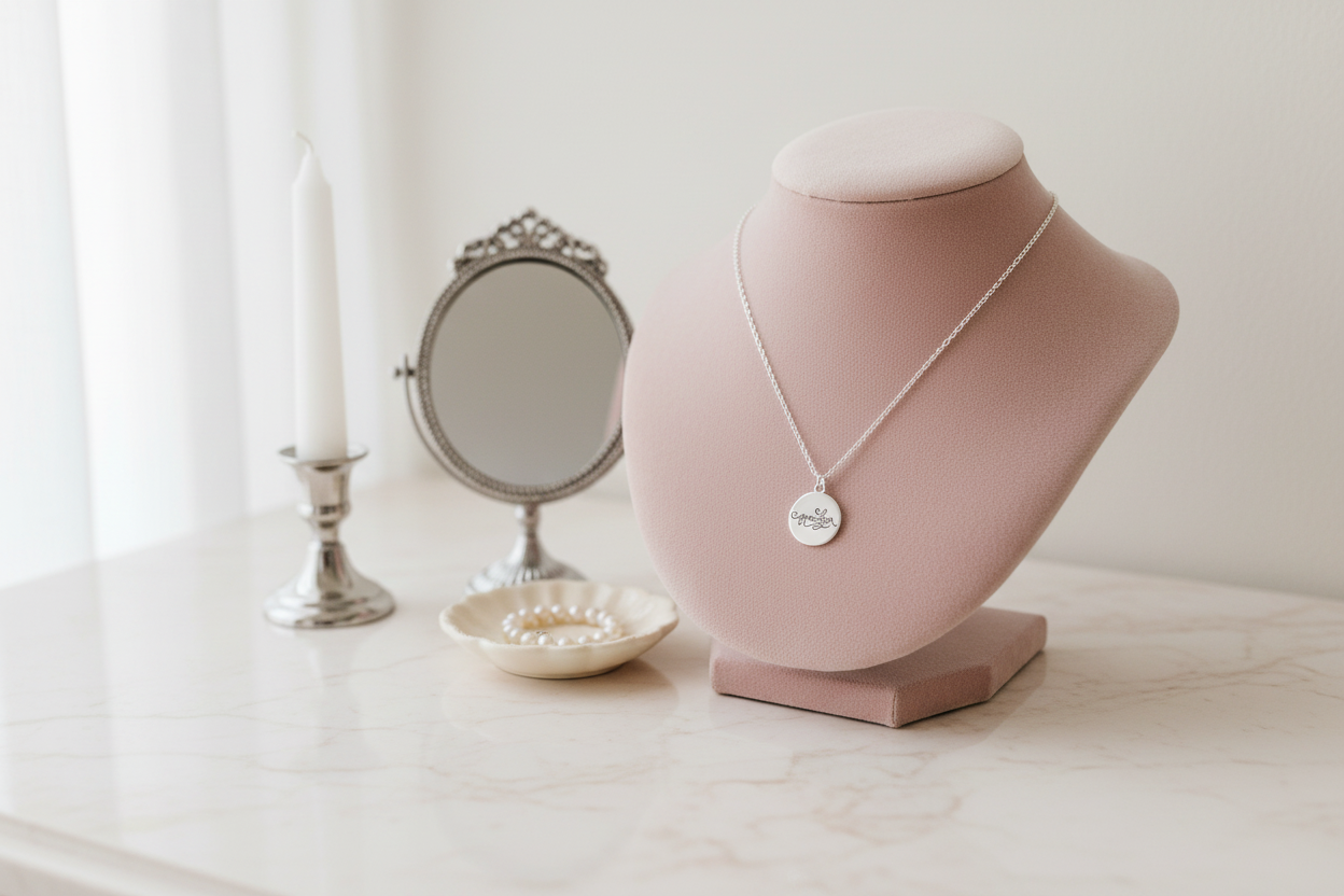 Grandma necklace on blush bust vanity setting