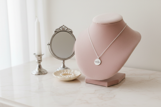 Grandma necklace on blush bust vanity setting