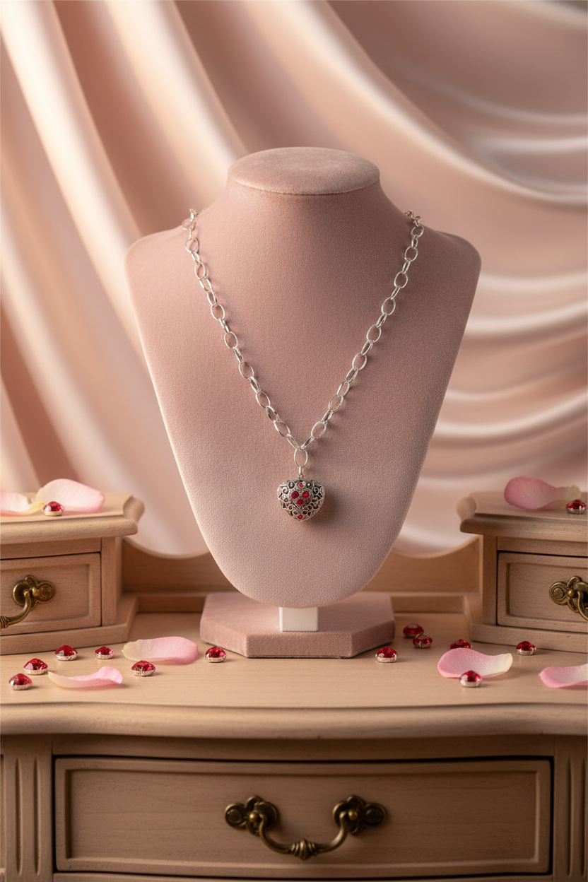 Heart Locket on Blush Velvet Bust