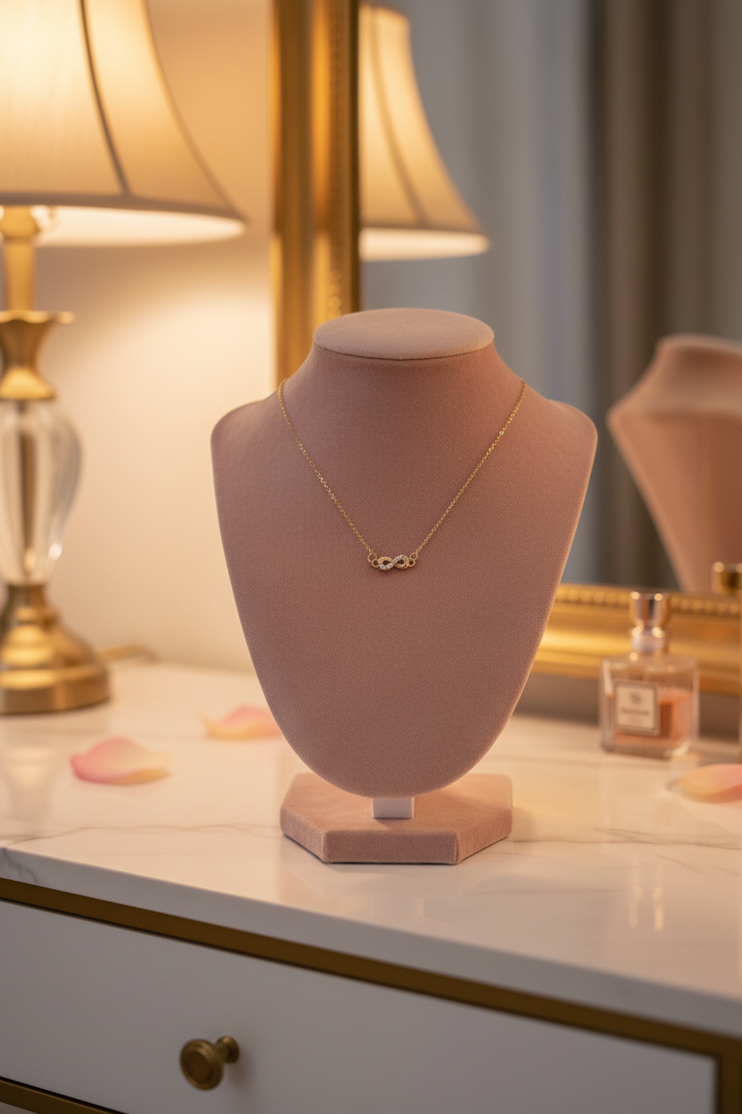 Infinity Necklace on Blush Velvet Bust