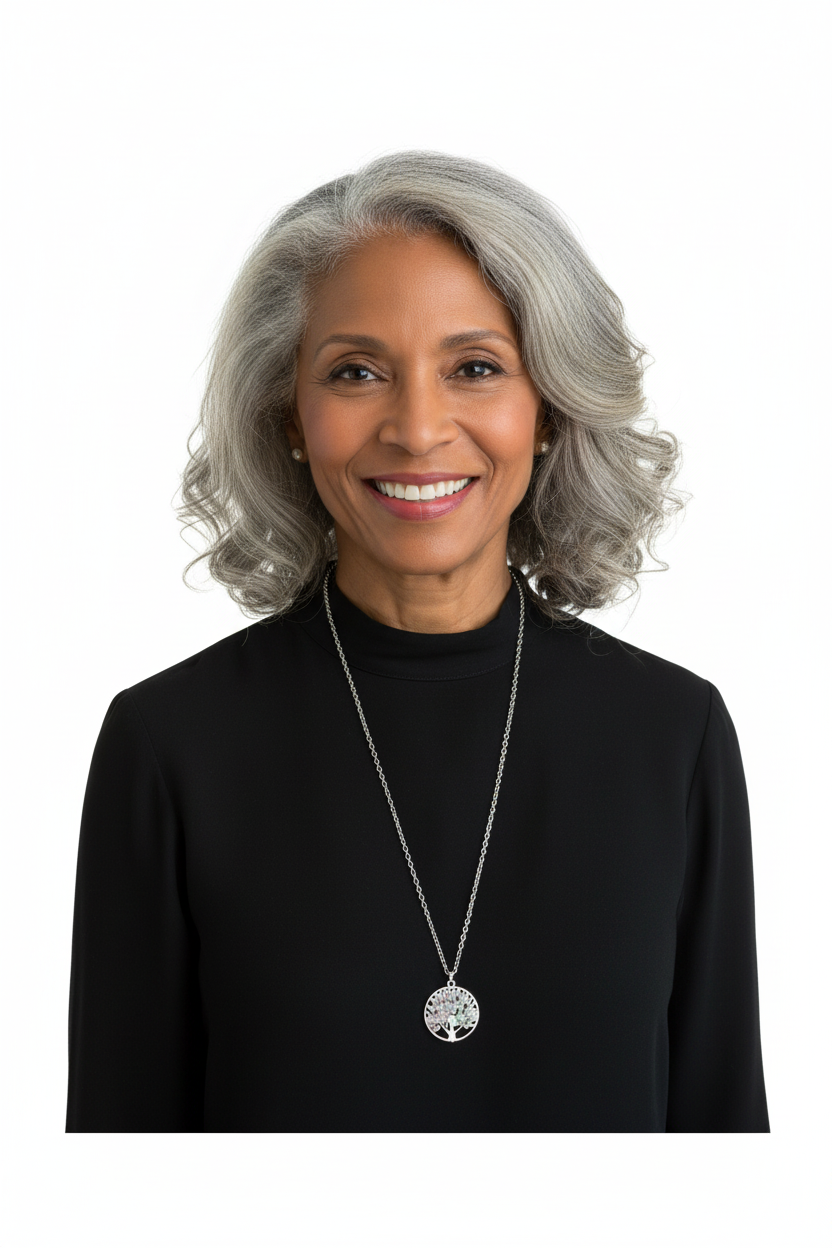 Mature model wearing long Tree of Life necklace