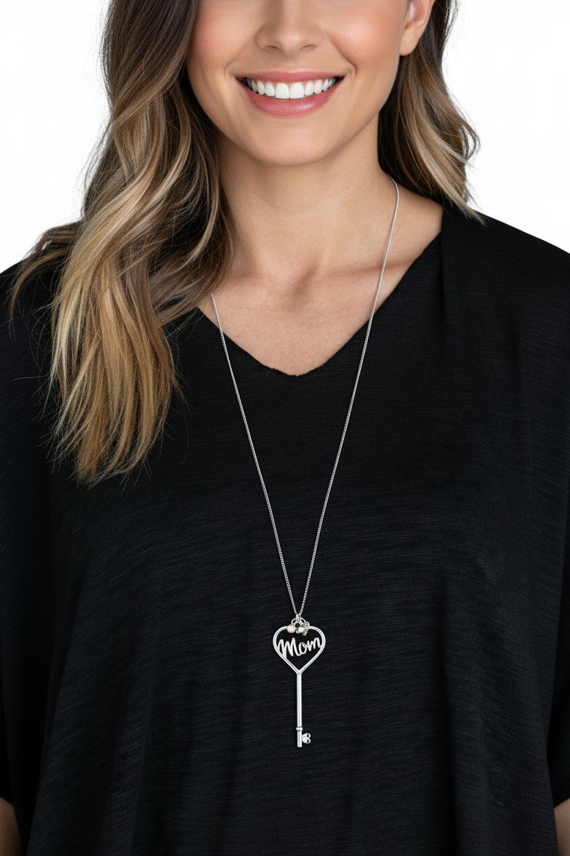 Model wearing Mom heart key necklace