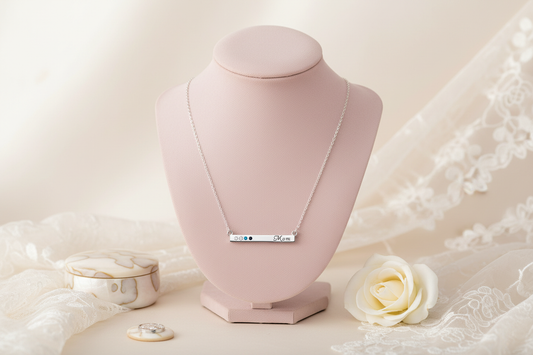 Mom bar necklace with birthstones on blush vanity