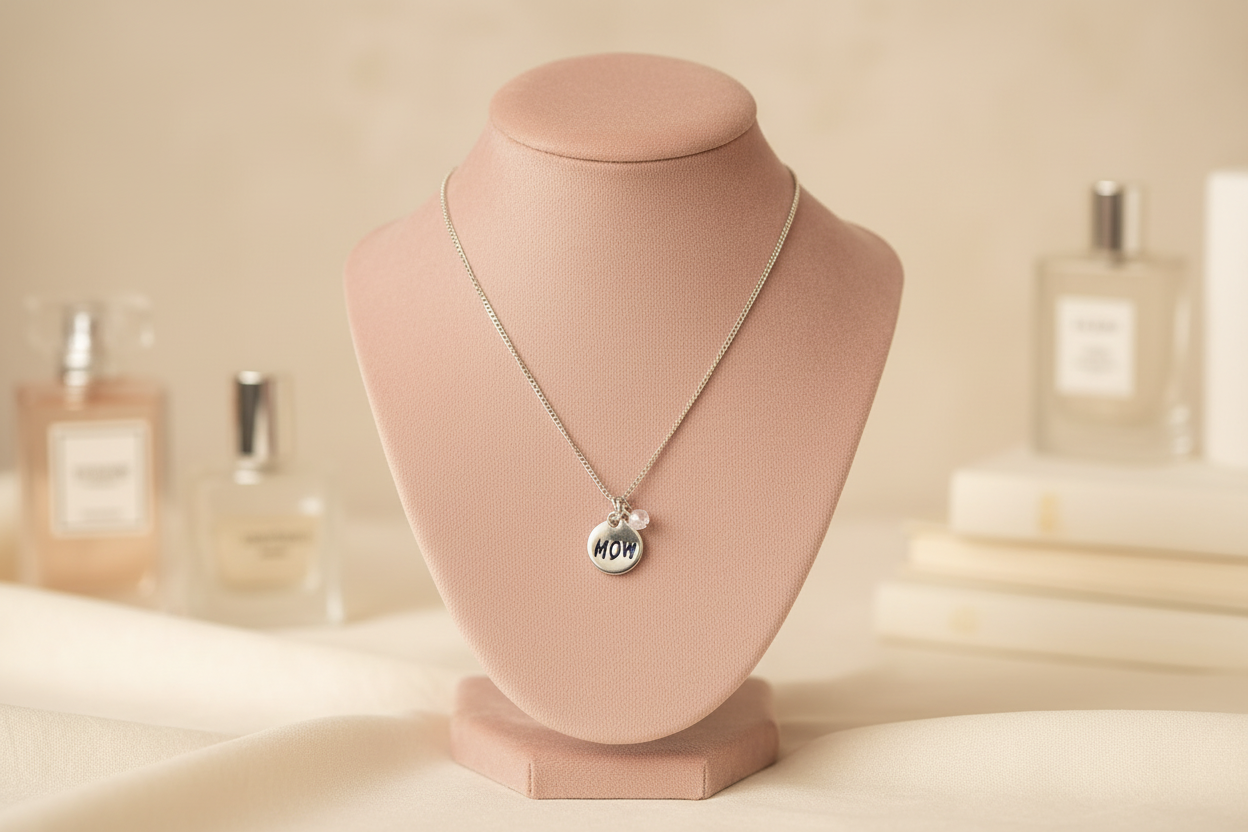 MOM disc necklace with pearl on blush vanity