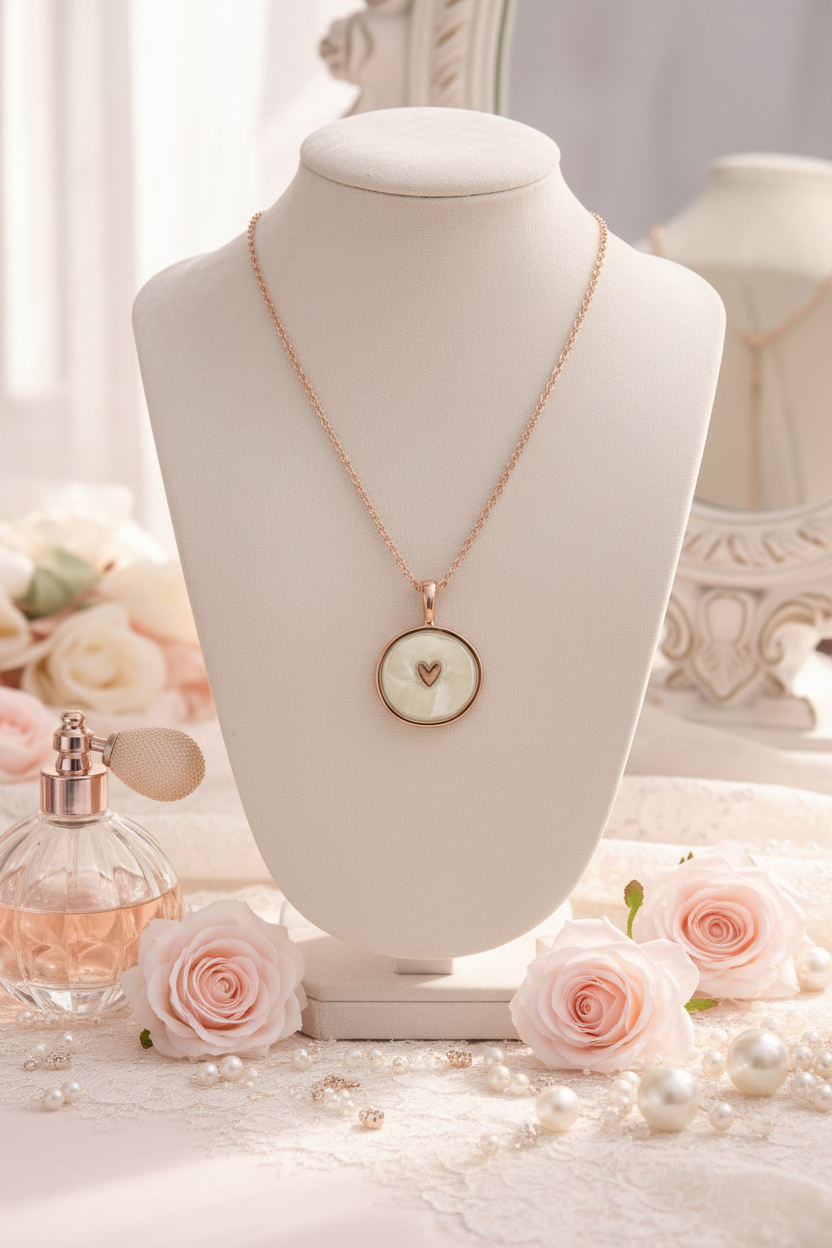 Mother-of-pearl heart necklace on cream velvet bust