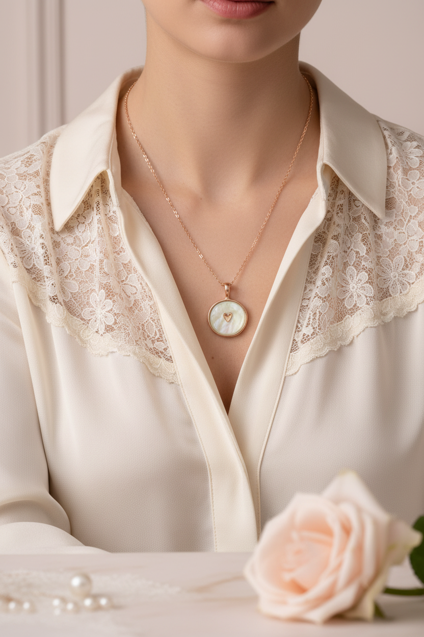 Mother-of-pearl heart necklace styled with blouse