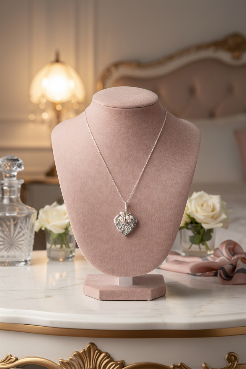 Pearl Heart Locket on Blush Velvet Bust