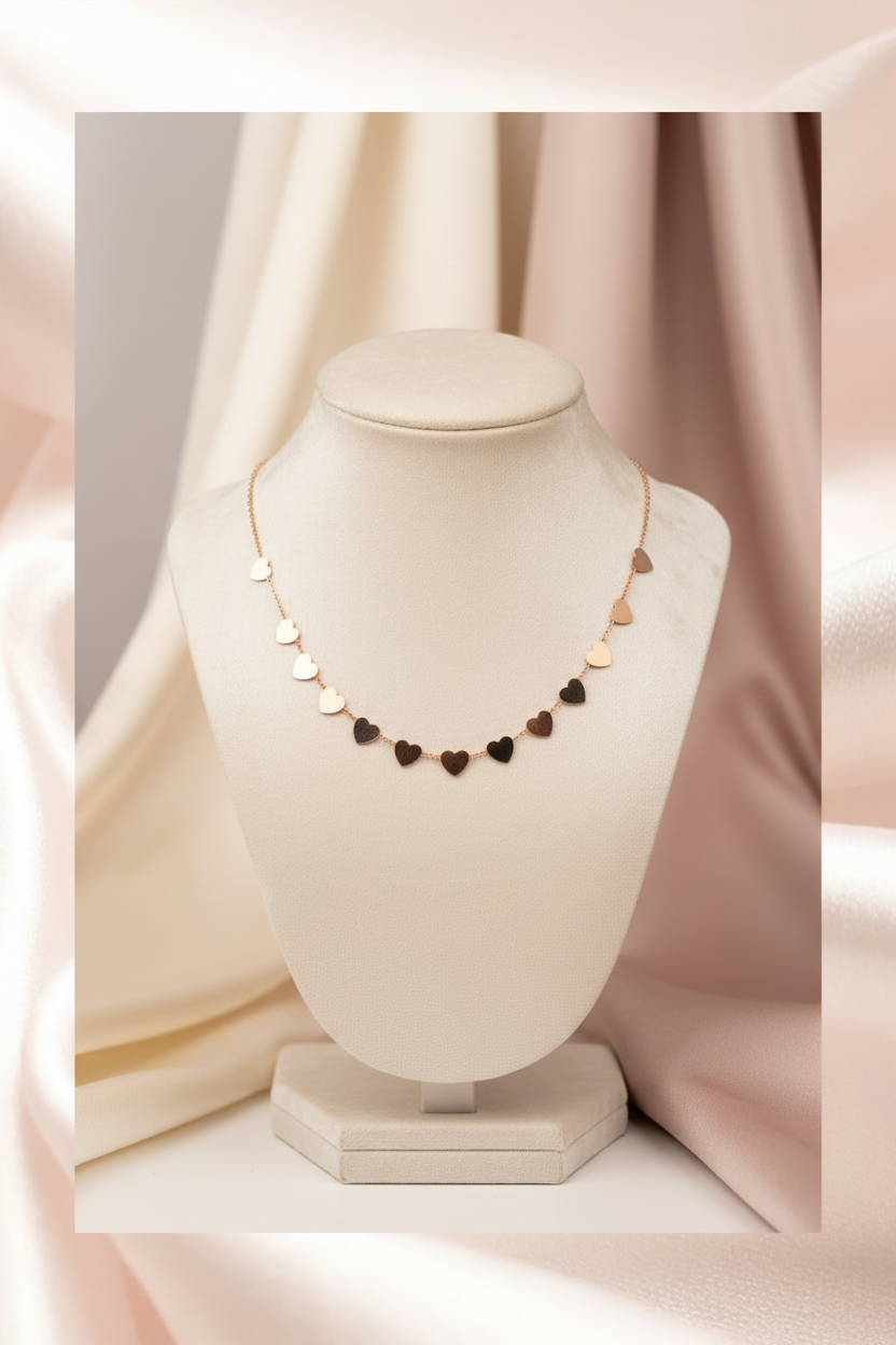 Rose gold heart necklace on cream velvet bust