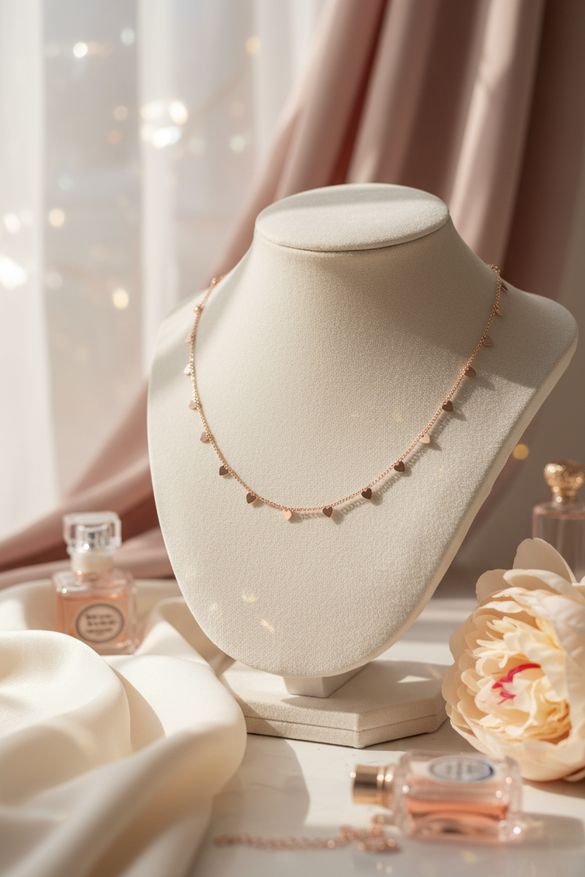 Rose gold necklace with flat hearts on cream velvet bust