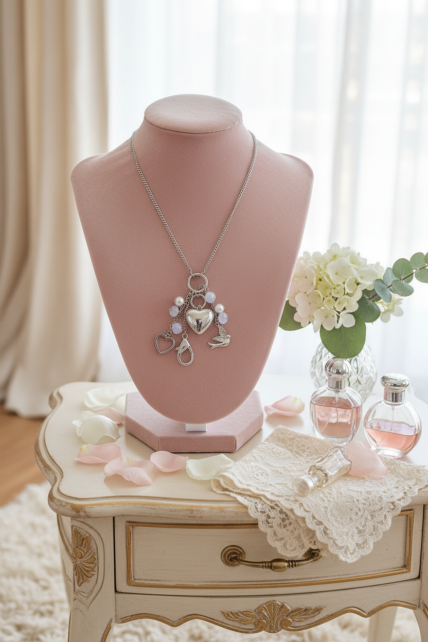 Silver charm necklace on blush velvet bust