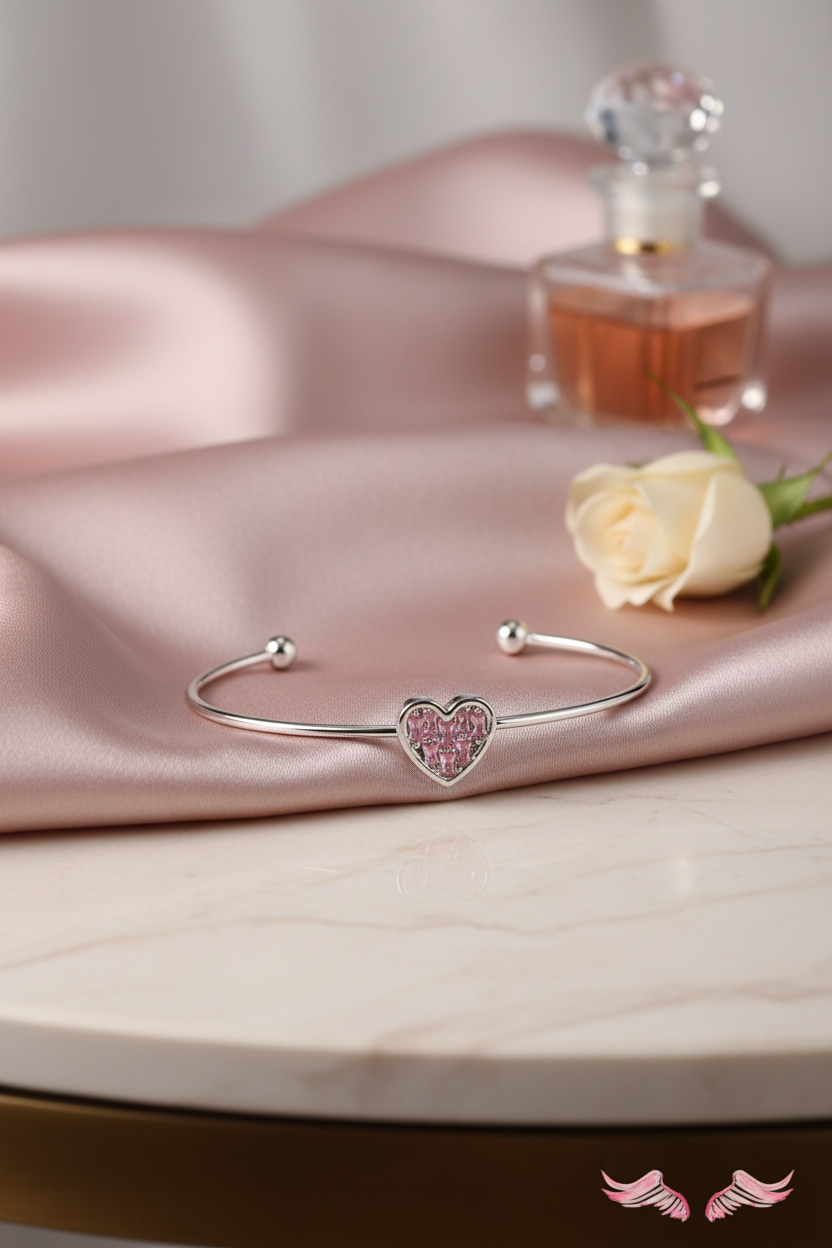 Silver cuff bracelet with pink crystal heart vanity setting