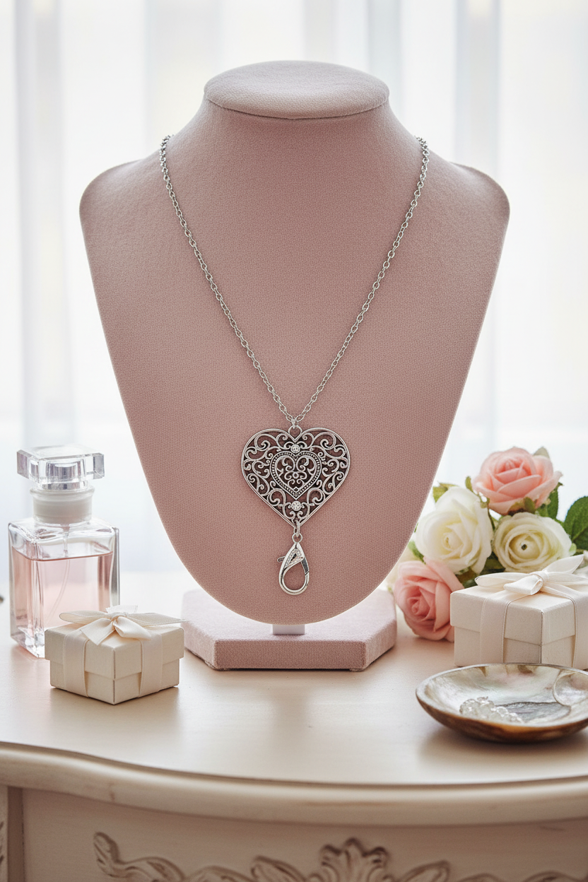 Silver filigree heart lanyard necklace on blush velvet bust