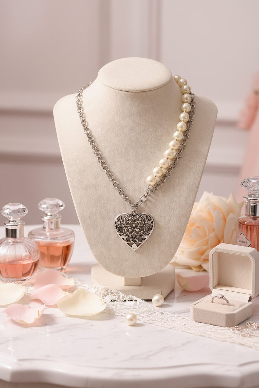 Silver filigree heart necklace on cream velvet bust