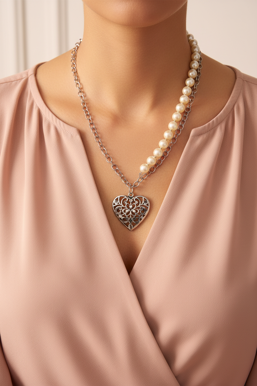 Silver filigree heart necklace styled with blouse