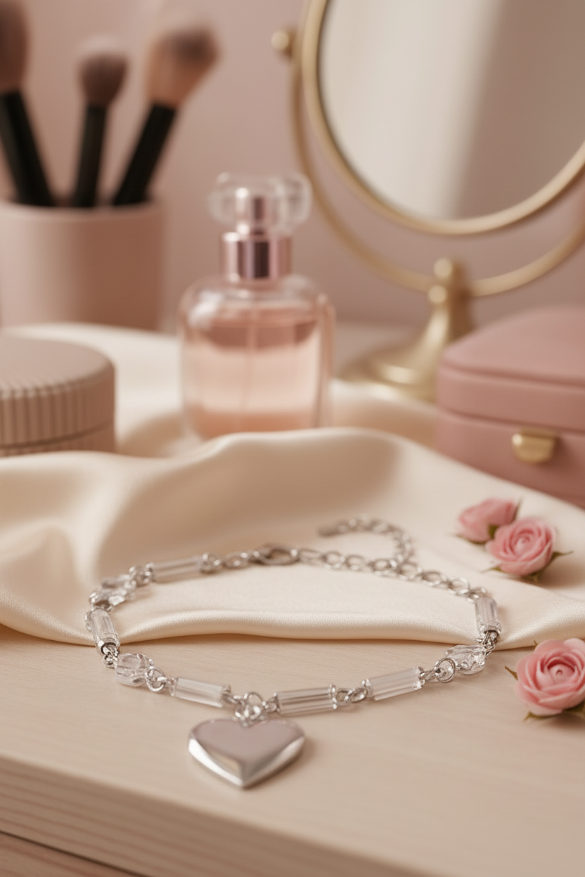 Silver heart charm bracelet vanity setting - soft color palette