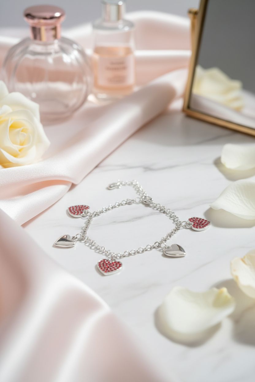 Silver heart charm bracelet with red rhinestones vanity setting