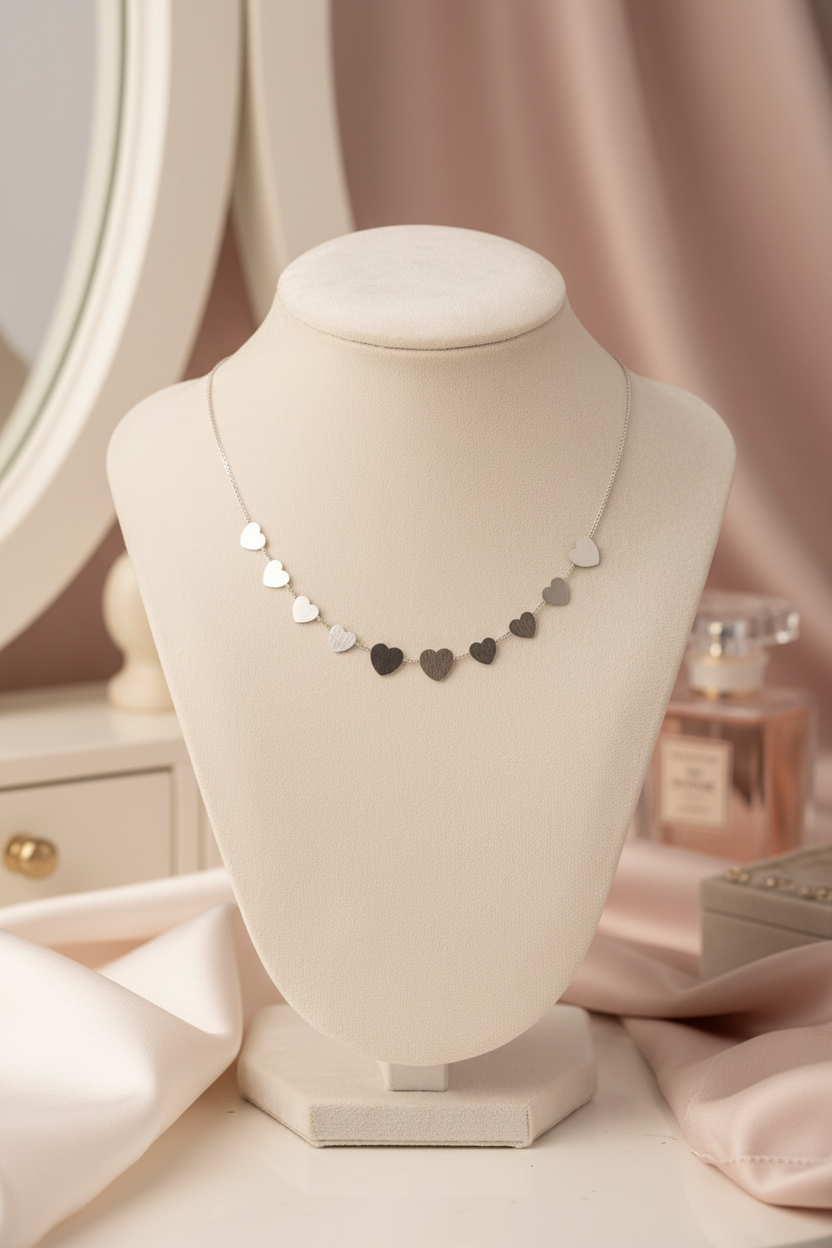 Silver heart necklace on cream velvet bust