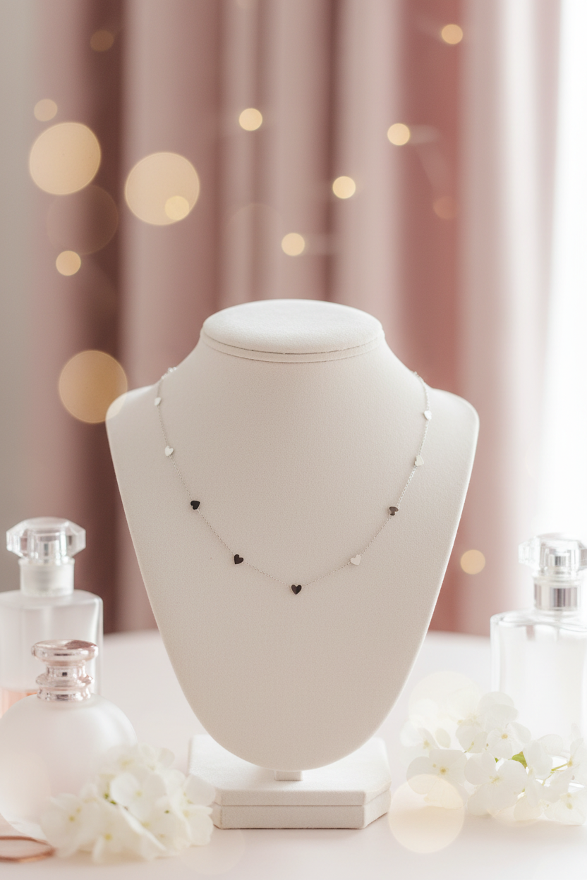 Silver heart necklace on cream velvet bust