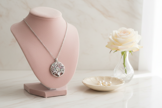 Tree of Life necklace with pastel stones on blush vanity