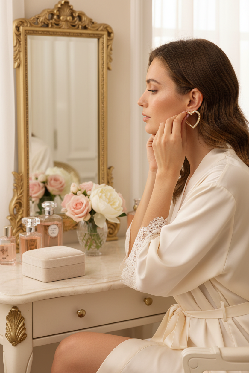 Woman at vanity putting on gold heart earrings