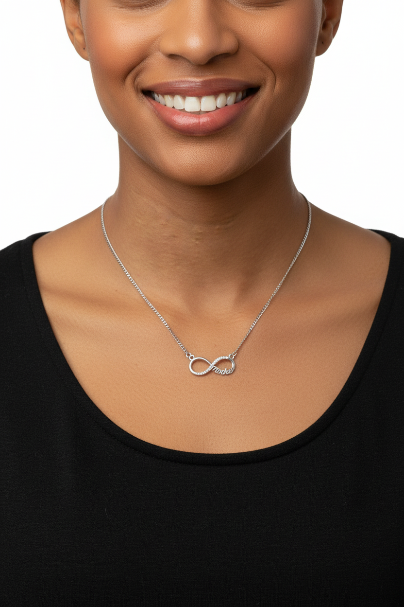 Woman of color wearing Mother infinity necklace