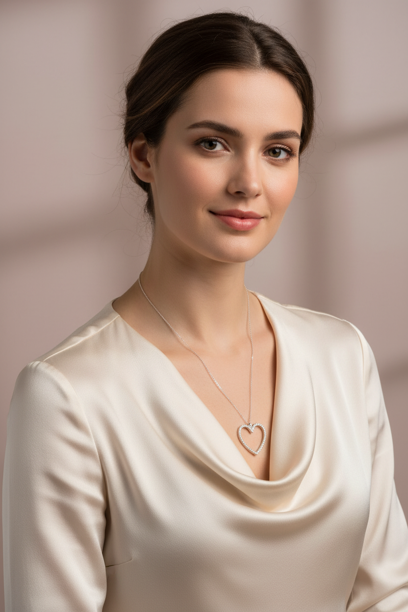 Woman Wearing Crystal Heart Necklace