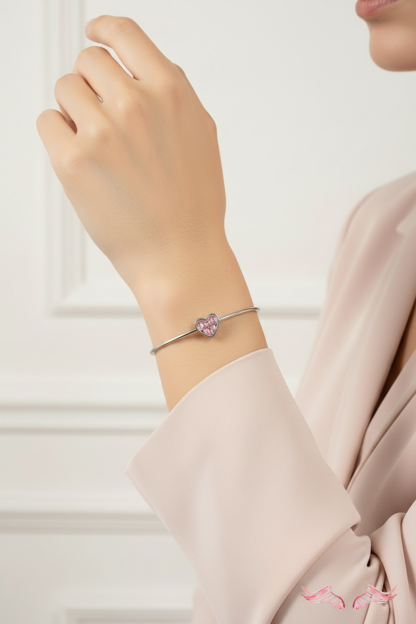Woman wearing pink crystal bracelet - reduced reflection