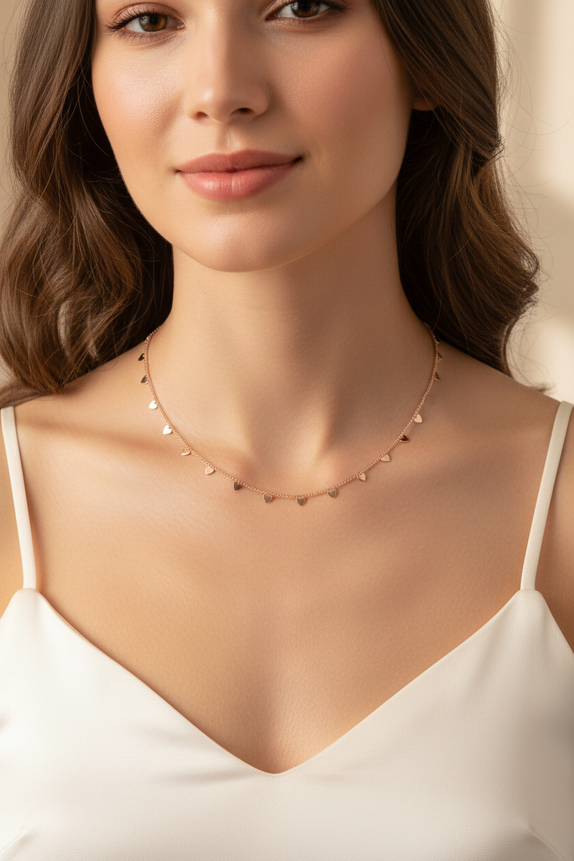 Woman wearing rose gold heart necklace