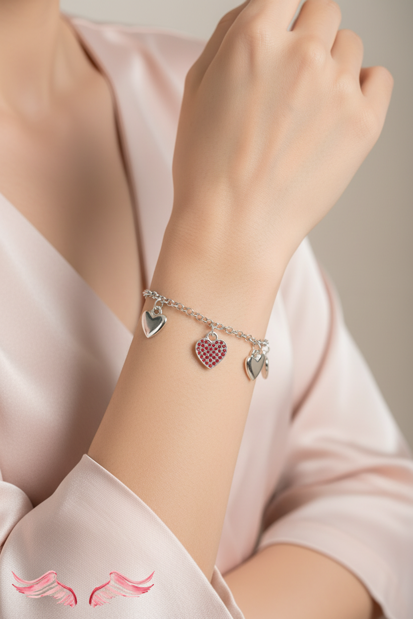 Woman wearing silver heart charm bracelet with red rhinestones