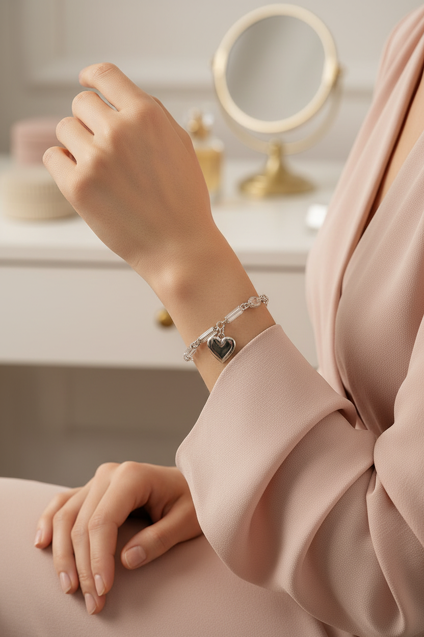 Woman wearing silver heart charm bracelet